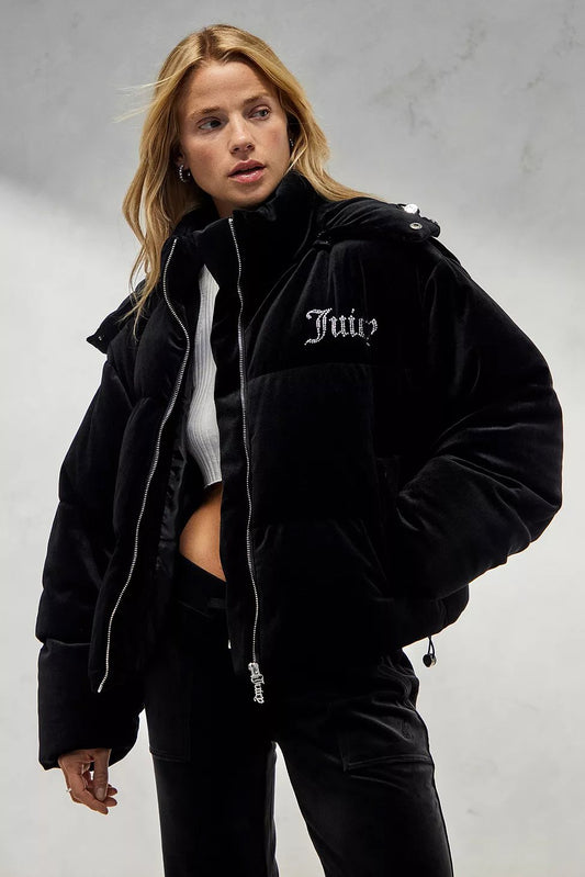 Juicy Couture Black Rosalia Hooded Puffer Jacket Size Large