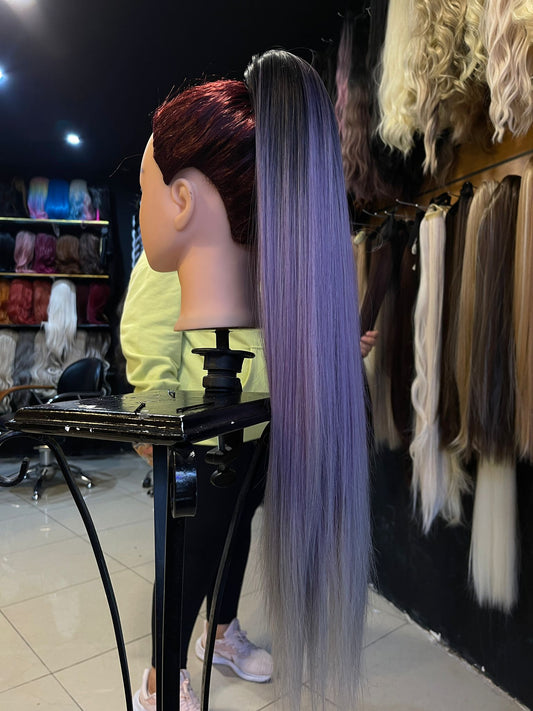 26 Inch Jaw Clip Black And Purple Ponytail