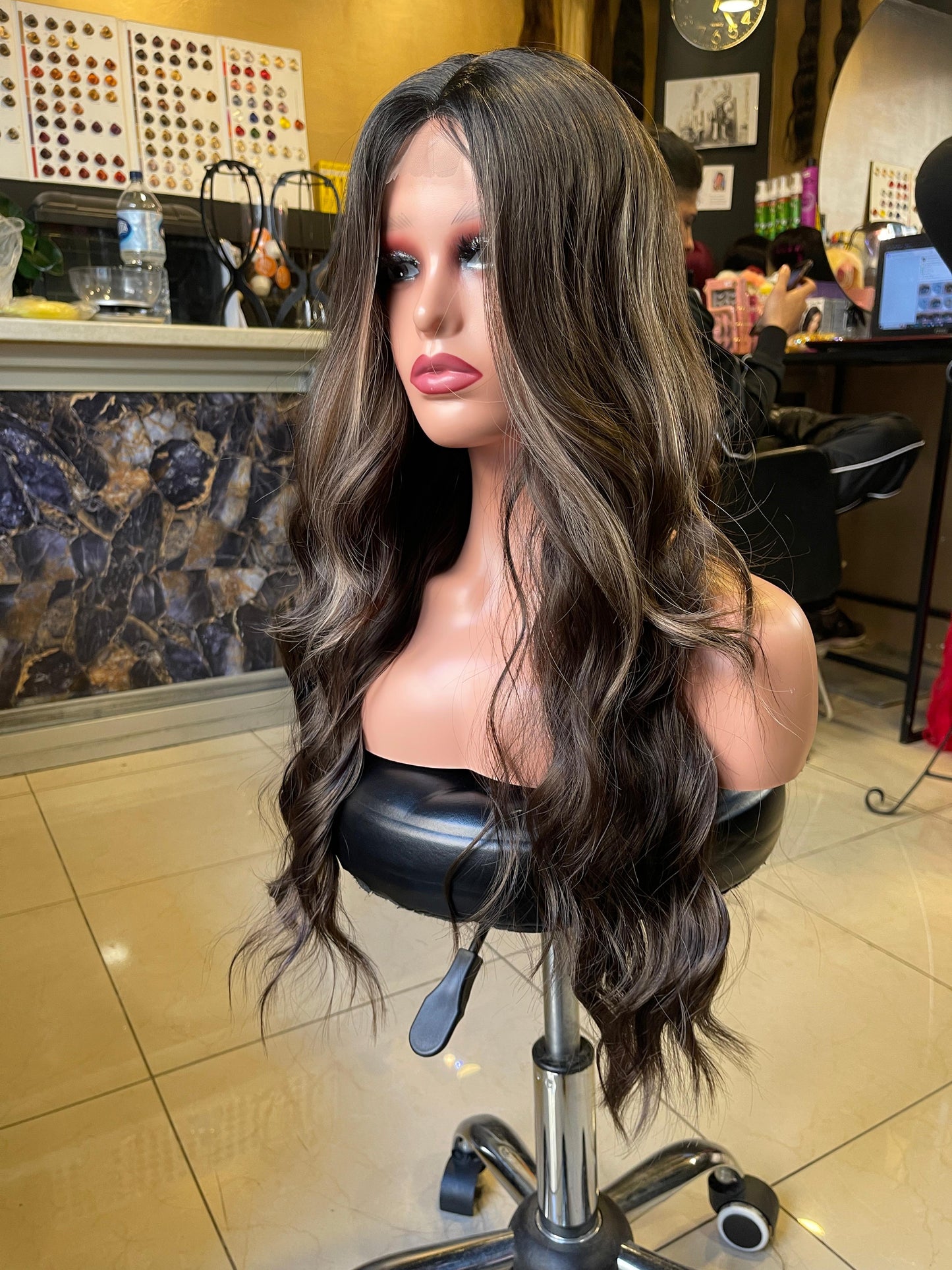 28 Inch Brown With Lights Lace Wig